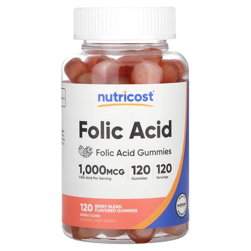 Nutricost, Folic Acid Gummies, Berry Blend, 1.000 mcg, 120 viên nhai 810014678696
