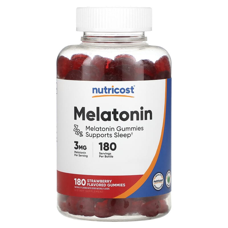 Nutricost, Melatonin Gummies, Strawberry, 3 mg, 180 viên nhai 810014672595