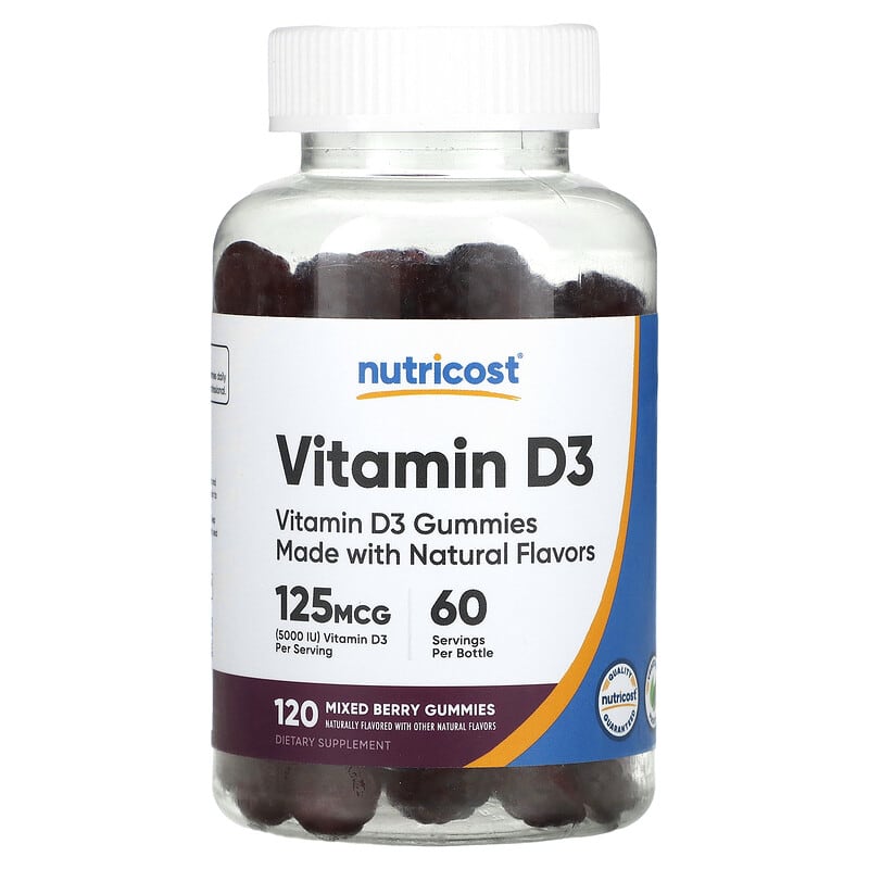 Nutricost, Vitamin D3 Gummies, Mixed Berry, 125 mcg, 120 viên nhai (62,5 mg/viên) 810014673066