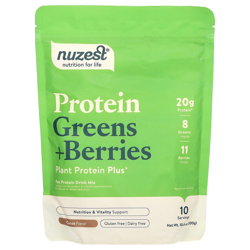 Nuzest, Protein, Greens + Berries, Cocoa, 10,6 oz (300 g) 850013684373