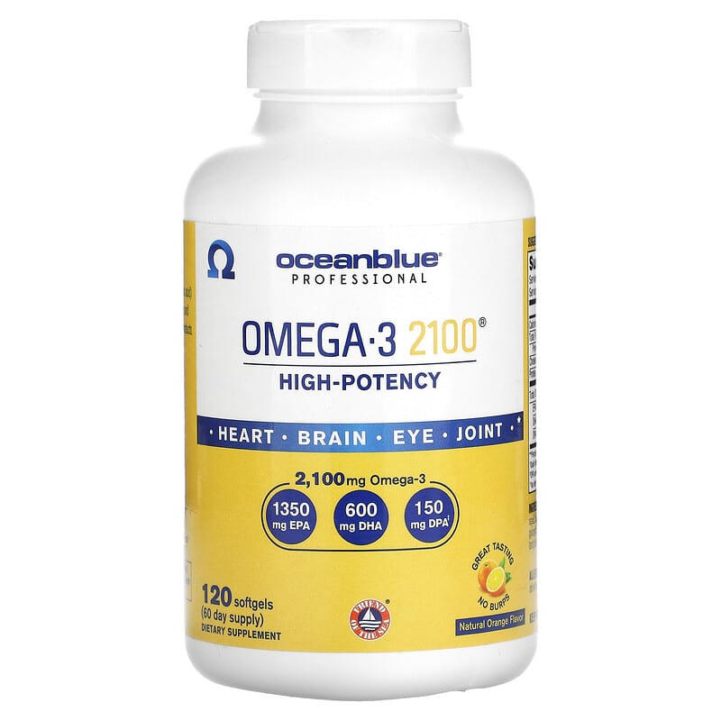 Viên uống Omega-3 OceanBlue 2100 mg cao cấp vị cam tự nhiên 120 viên 10 oceanblue professional omega 3 2100 high potency natural orange 2 100 mg 120 softgels 1 500 mg per softgel 132116 850001449038