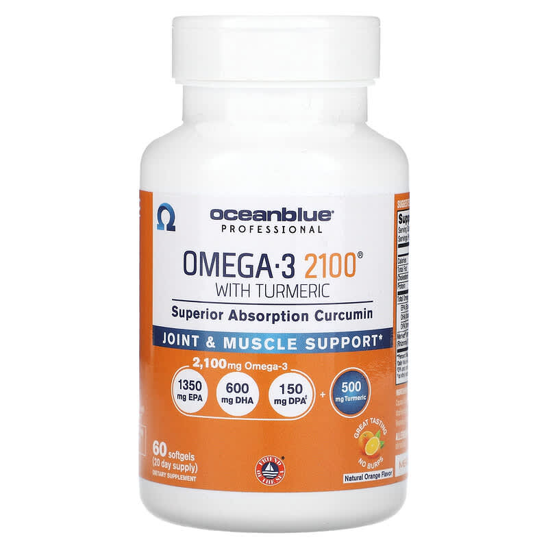 Viên uống Omega-3 OceanBlue 2100 với Curcumin tự nhiên vị cam, 60 viên 10 oceanblue professional omega 3 2100 with turmeric natural orange 60 softgels 132120 850001449311