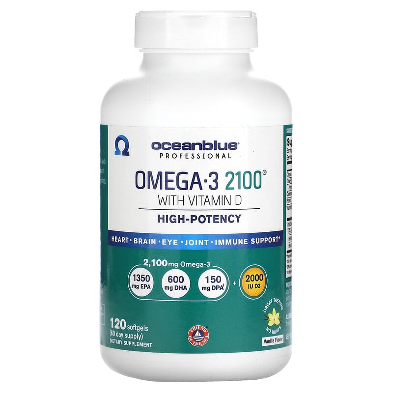 Viên uống Omega-3 OceanBlue 2100mg kết hợp Vitamin D hương vanilla cao cấp 120 viên 10 oceanblue professional omega 3 2100 with vitamin d high potency vanilla 120 softgels 132118 850001449045