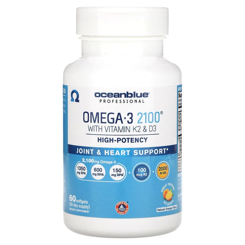Omega-3 OceanBlue 2100 Professional với Vitamin K2 và D3, Tăng cường sức khỏe, Hương cam tự nhiên, 60 viên 10 oceanblue professional omega 3 2100 with vitamin k2 d3 high potency natural orange 60 softgels 132122 850001449335