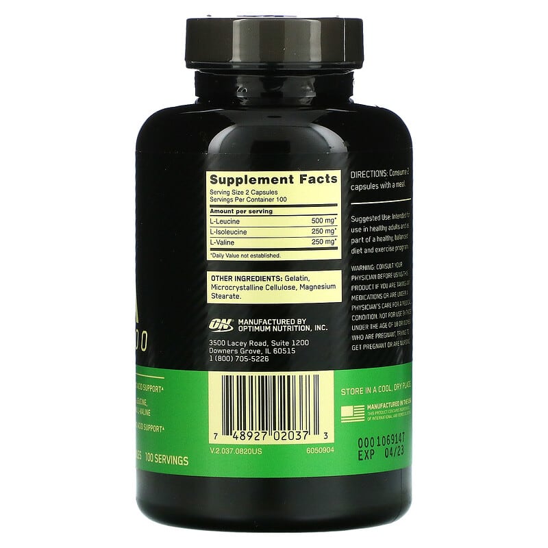 Thành phần vi chất của Optimum Nutrition BCAA 1000 500 mg 200 Capsules 748927020373