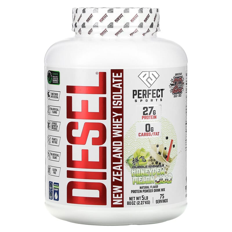 PERFECT Sports, Diesel, New Zealand Whey Isolate, Bubble Milk Tea, Honeydew Melon, 5 lbs (2,27 kg) 699097710468