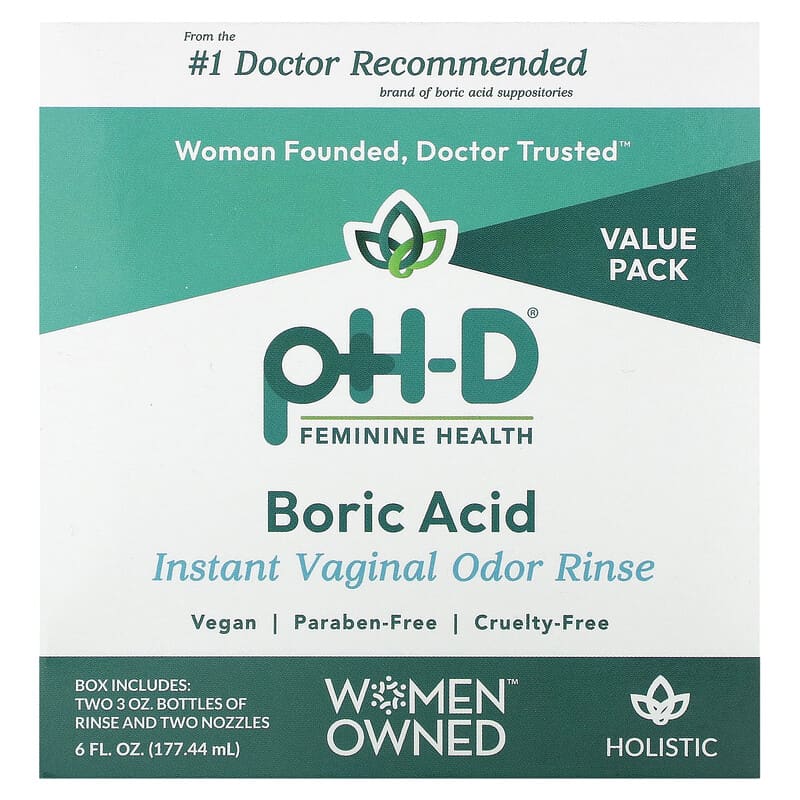 pH-D Feminine Health, Boric Acid, Instant Vaginal Odor Rinse, 2 Bottles & 2 Nozzles, 6 fl oz (177,44 ml) 349597001220