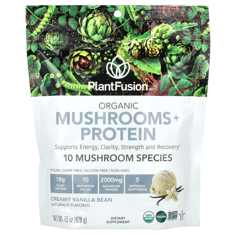 PlantFusion, Organic Mushrooms + Protein, Creamy Vanilla Bean, 15 oz (428 g) 840052400805