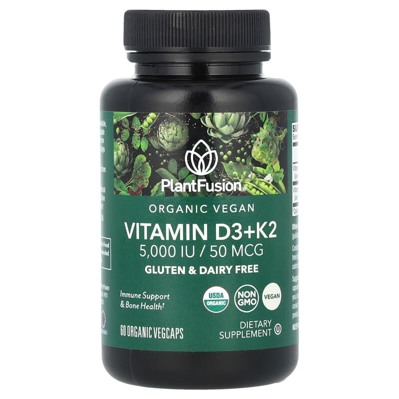 PlantFusion, Organic Vegan Vitamin D3+ K2, 5.000 IU/50 mcg, 60 Organic viên 840052400959