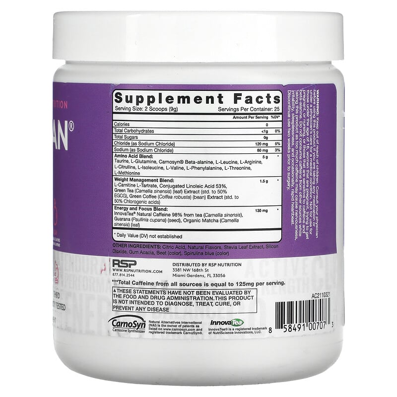 AminoLean 5 g Axit Amin chay RSP Nutrition + Năng Lượng Bất Cứ Thời Điểm Acai 7.94 oz (225 g) 2 Thành phần vi chất của RSP Nutrition AminoLean 5 g Vegan Amino Acids + Anytime Energy Acai 7.94 oz (225 g) 858491007073
