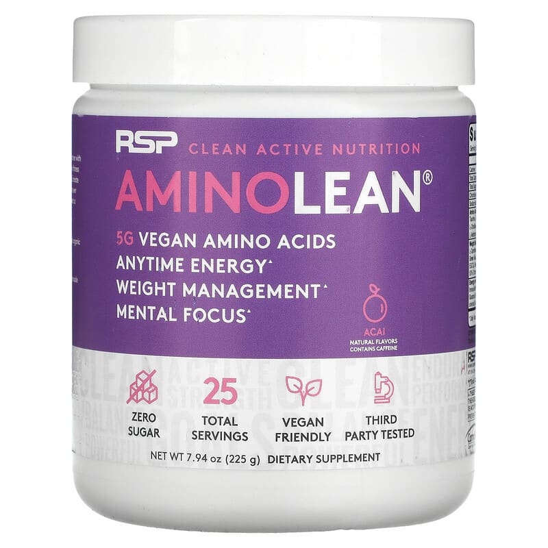 AminoLean 5 g Axit Amin chay RSP Nutrition + Năng Lượng Bất Cứ Thời Điểm Acai 7.94 oz (225 g) 10 rsp nutrition aminolean 5 g vegan amino acids anytime energy acai 7 94 oz 225 g 98122 858491007073