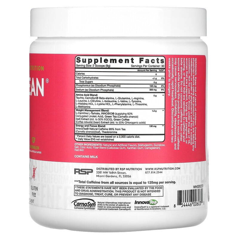 Thành phần vi chất của RSP Nutrition AminoLean Watermelon 9.52 oz (270 g) 854446006030