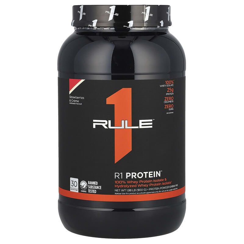 Rule One Proteins, R1 Protein Powder Drink Mix, Strawberries & Creme, 1,98 lb (900 g) 196671004024