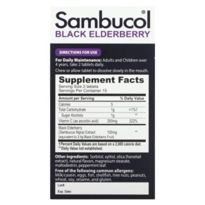 Sambucol Black Elderberry 30 viên nhai của Sambucol 3 Thành phần vi chất của Sambucol Black Elderberry 30 Chewable Tablets 896116001129