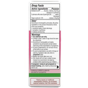 Giọt mắt Similasan Pink Eye Relief 0.33 fl oz (10 ml) giúp giảm đỏ mắt do dị ứng & kích ứng. 3 Thành phần vi chất của Similasan Pink Eye Relief Sterile Eye Drops 0.33 fl oz (10 ml) 094841300344