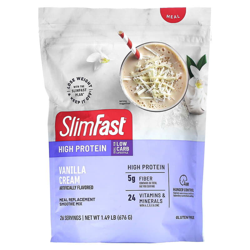 Bột sinh tố thay thế bữa ăn SlimFast, protein cao, vị kem vani, 1,49 lb (676 g) 10 slimfast high protein meal replacement smoothie mix vanilla cream 1 49 lb 676 g 134907 008346956777