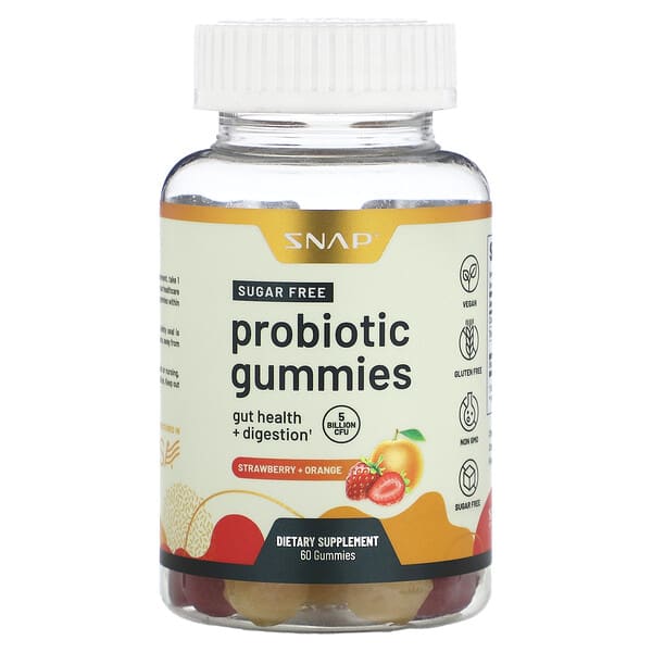 Snap Supplements Probiotic Gummies Sugar Free Strawberry + Orange 5 tỷ CFU 60 viên nhai 10 snap supplements probiotic gummies sugar free strawberry orange 5 billion cfu 60 gummies 130548 850039253362
