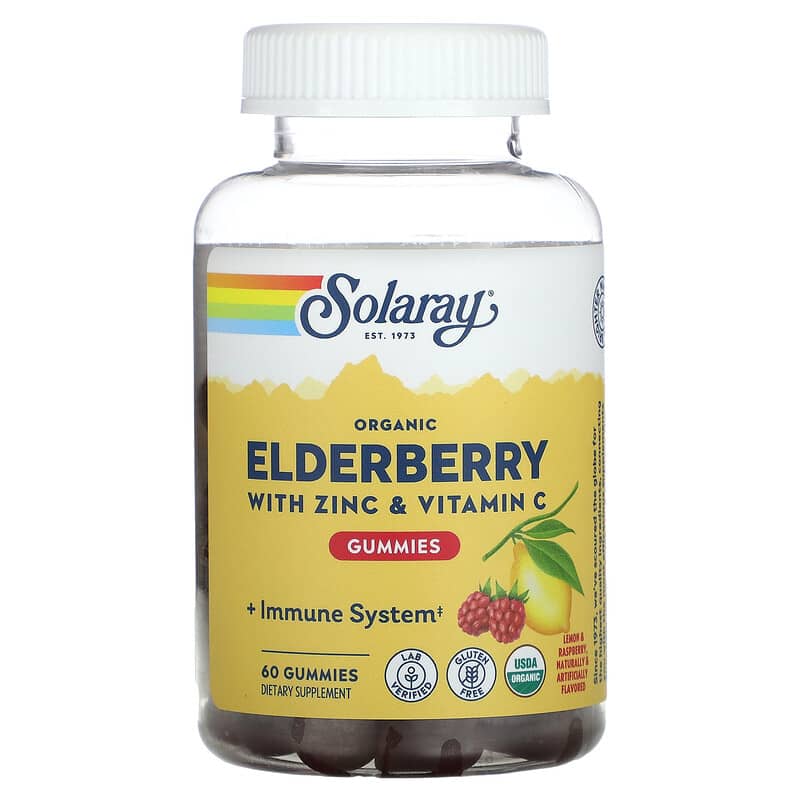 Kẹo dẻo Elderberry Organic Solaray có kẽm & vitamin C vị chanh & mâm xôi 60 viên 10 solaray organic elderberry gummies with zinc vitamin c lemon raspberry 60 gummies 105791 076280635003