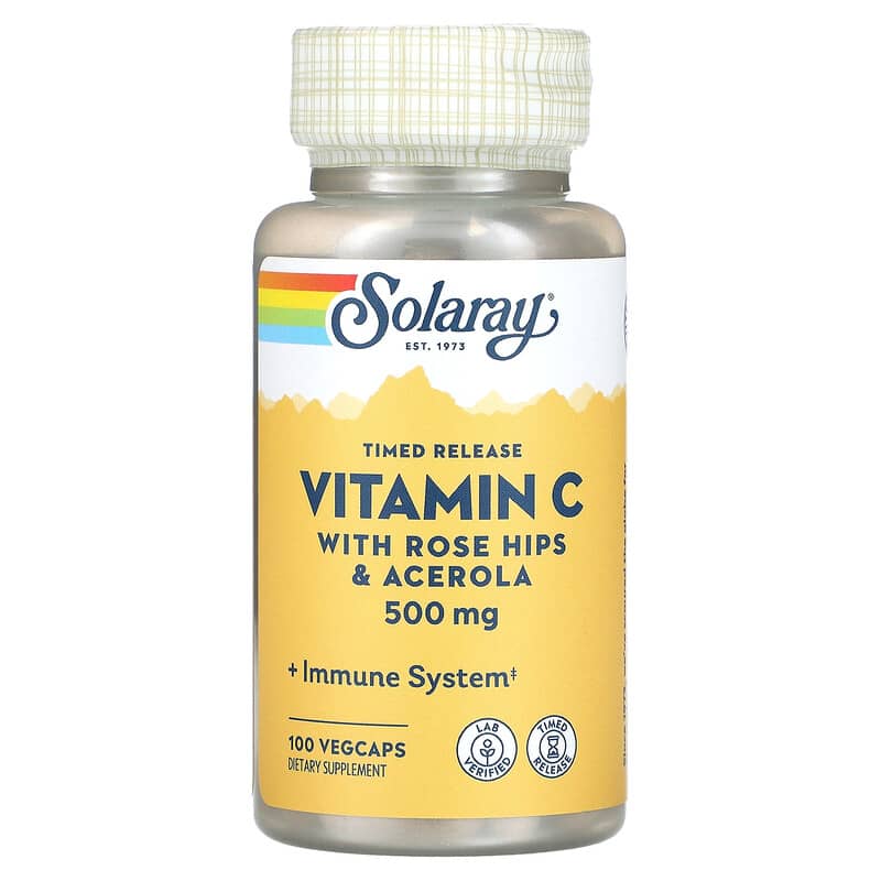 Vitamin C tan chậm Solaray Kết Hợp Hoa Hồng & Acerola 500 mg 100 viên chay 10 solaray timed release vitamin c with rose hips acerola 500 mg 100 vegcaps 18974 076280044003