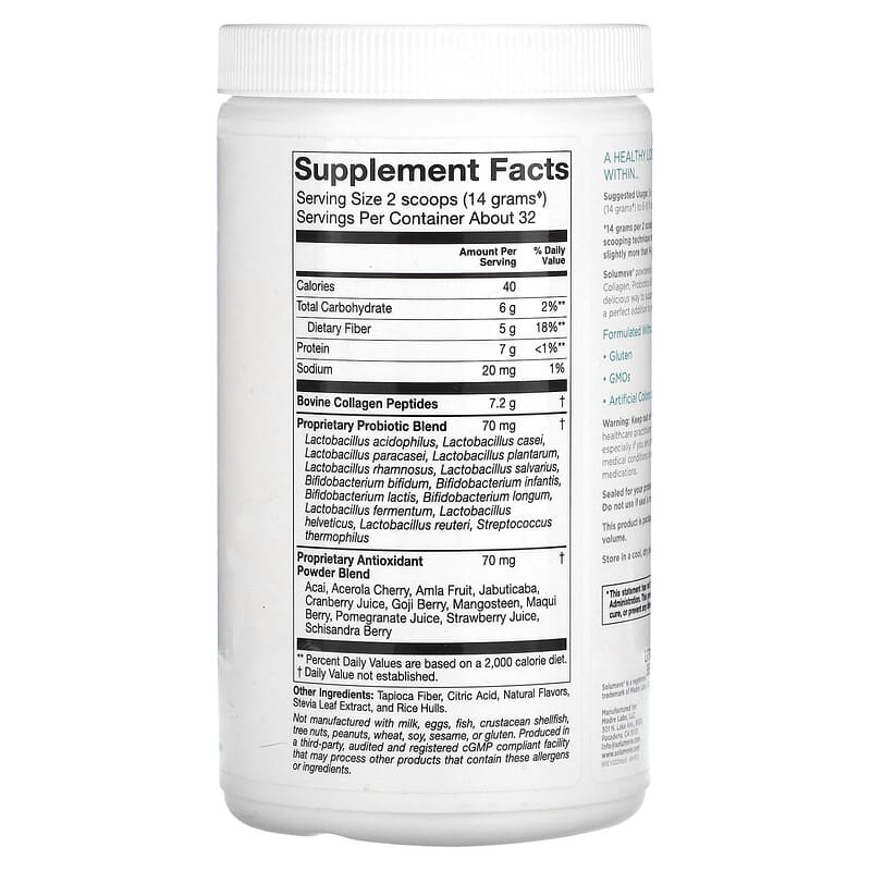 Bột uống hòa tan Solumeve Collagen với Probiotics & Superfruits hương cam 16 oz (454 g) 2 Thành phần vi chất của Solumeve Collagen with Probiotics and Superfruits Powdered Drink Mix Citrus 16 oz (454 g) 898220016525