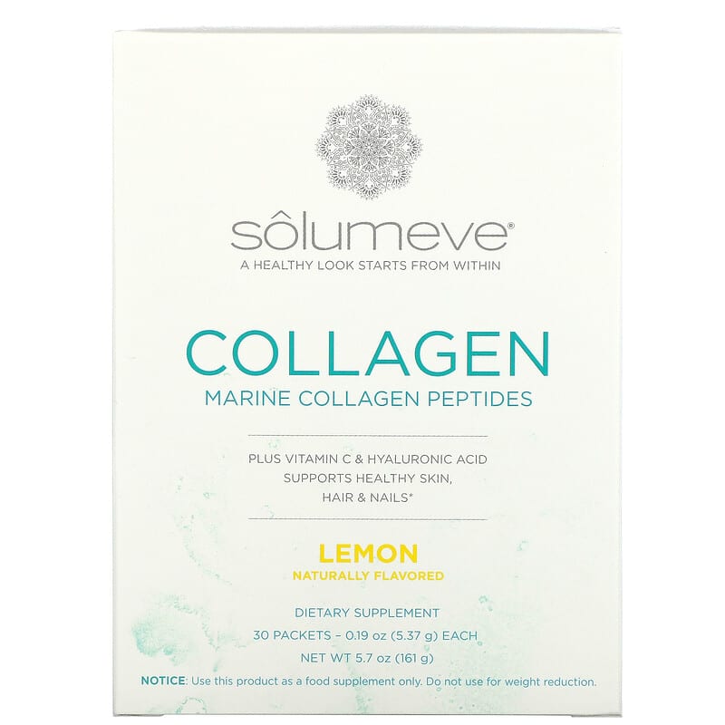 Bột collagen thủy sản Solumeve kết hợp vitamin C & axit hyaluronic hương chanh 30 gói 5.37 g/gói 10 solumeve marine collagen peptides plus vitamin c and hyaluronic acid lemon 30 packets 0 19 oz 5 37 g each 96692 898220013159