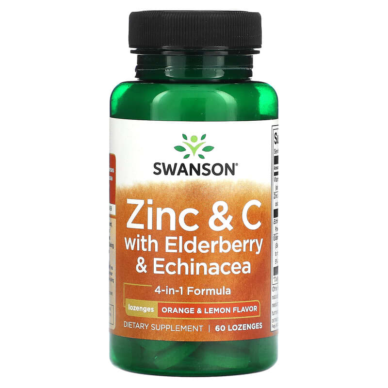 Swanson, Zinc & C with Elderberry & Echinacea, Orange & Lemon, 60 viên ngậm 087614117904