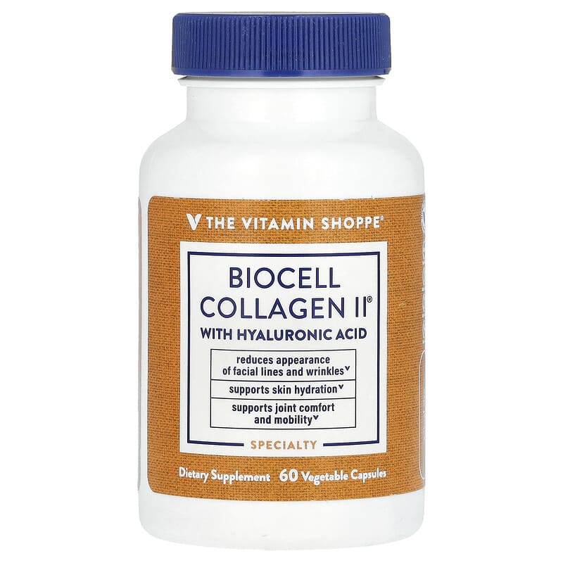 Collagen II BioCell với Axit Hyaluronic 60 viên chay The Vitamin Shoppe 10 the vitamin shoppe biocell collagen ii with hyaluronic acid 60 vegetable capsules 140911 766536025190