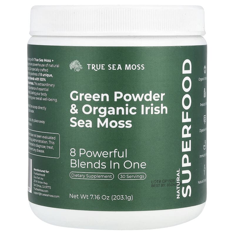 True Sea Moss, Natural Superfood, Green Powder & Organic Irish Sea Moss, 7,16 oz (203,1 g) 5061033690007