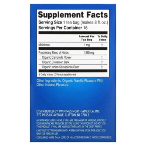 Thành phần vi chất của Twinings Sleep+ with Melatonin Herbal Tea Camomile Cinnamon & Vanilla Caffeine Free 16 Tea Bags 0.85 oz (24 g) 070177229337
