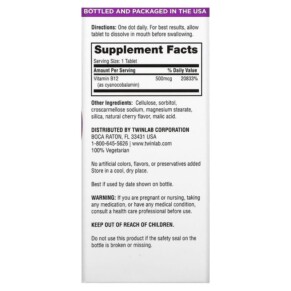 Thành phần vi chất của Twinlab B12 Dots Cherry 500 mcg 100 Tablets 027434006088