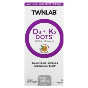 Thực phẩm bổ sung Twinlab D3 Dots + K2 All-Natural Tangerine 1000 IU (25 mcg) 60 Tablets 027434031622