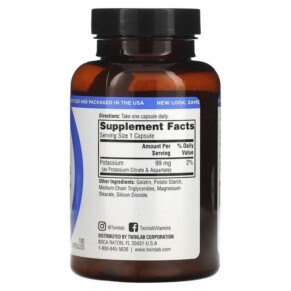 Thành phần vi chất của Twinlab Potassium Caps 180 Capsules 027434010344