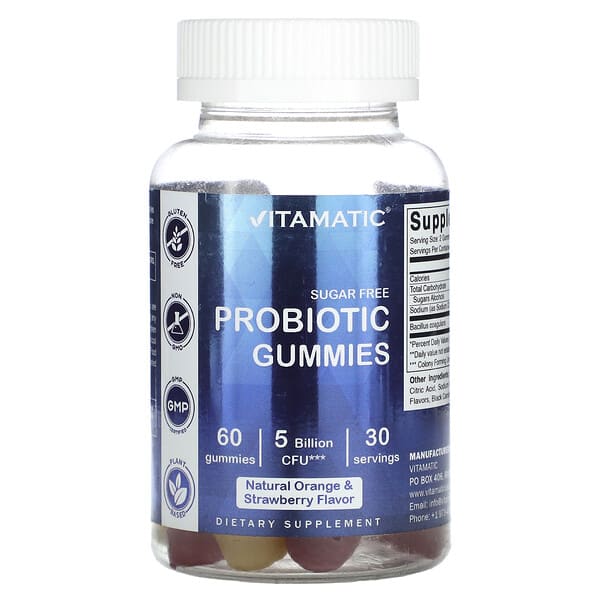 Vitamatic Probiotic Gummies Sugar Free Natural Orange & Strawberry 5 tỷ 60 viên nhai 2,5 tỷ CFU/viên 810078471127
