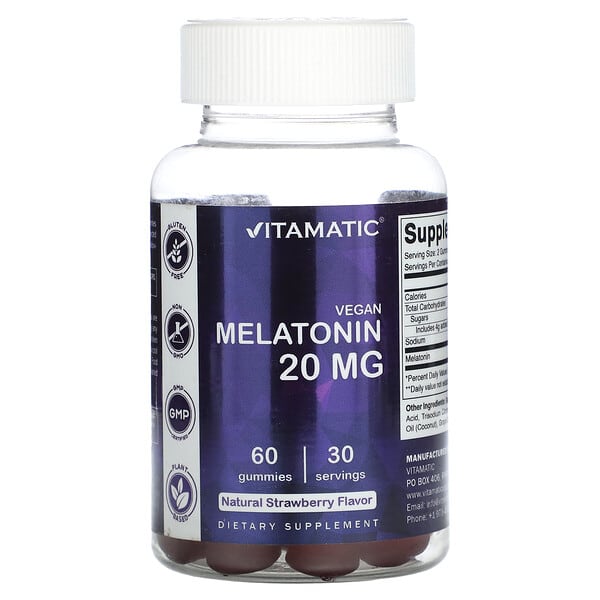 Vitamatic Vegan Melatonin Natural Strawberry 20 mg 60 viên nhai 10 mg/viên 10 vitamatic vegan melatonin natural strawberry 20 mg 60 gummies 10 mg per gummy 126580 810078471011