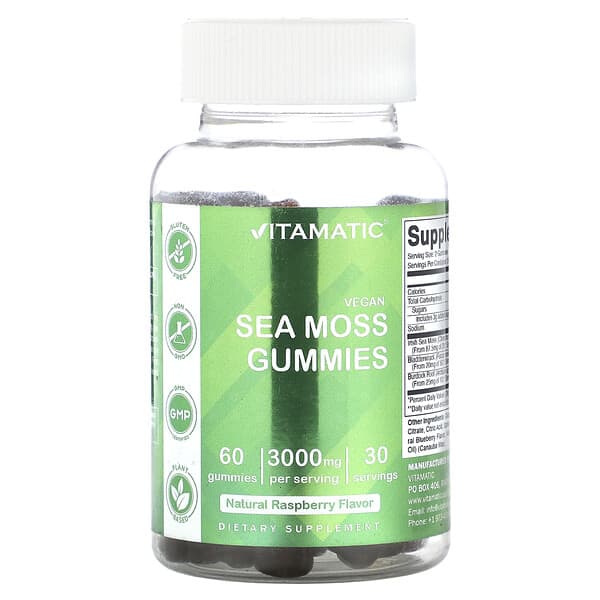 Vitamatic Vegan Sea Moss Gummies Natural Raspberry 3.000 mg 60 viên nhai 1.500 mg/viên 810078471318