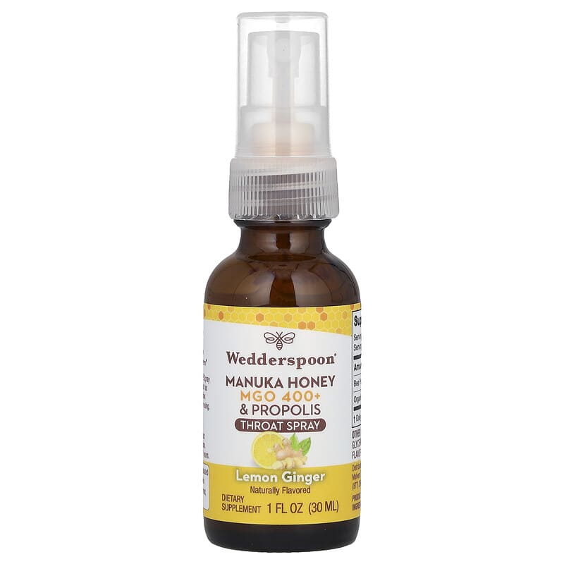 Wedderspoon, Manuka Honey & Propolis Throat Spray, Lemon Ginger, MGO 400+, 1 fl oz (30 ml) 814422022751
