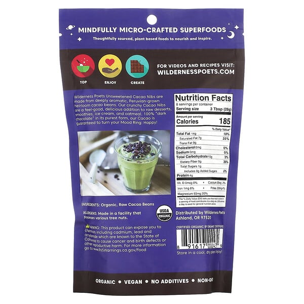 Wilderness Poets Organic Unsweetened Cacao Nibs Dark Chocolate 8 oz 226 g 9 Wilderness Poets Organic Unsweetened Cacao Nibs Dark Chocolate 8 oz 226 g 891617002439