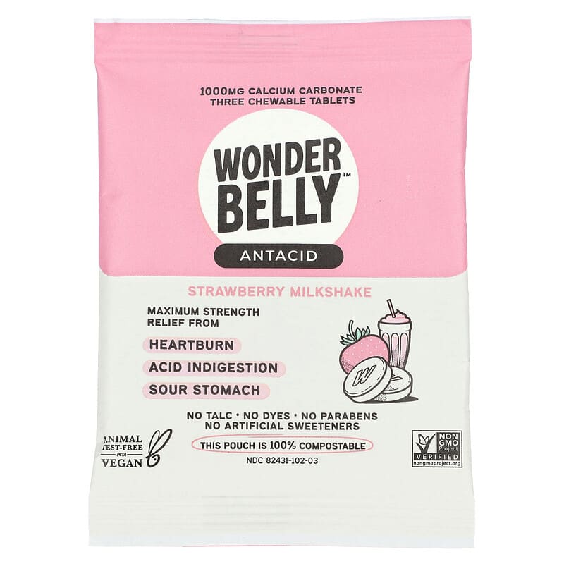 Viên nhai giảm axit dạ dày Wonderbelly hương sữa dâu 3 viên 10 wonderbelly antacid strawberry milkshake 3 chewable tablets 131924 382431102035