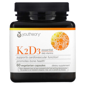 Thực phẩm bổ sung Youtheory K2D3 Essential Daily Vitamins 60 Vegetarian Capsules 850021920357