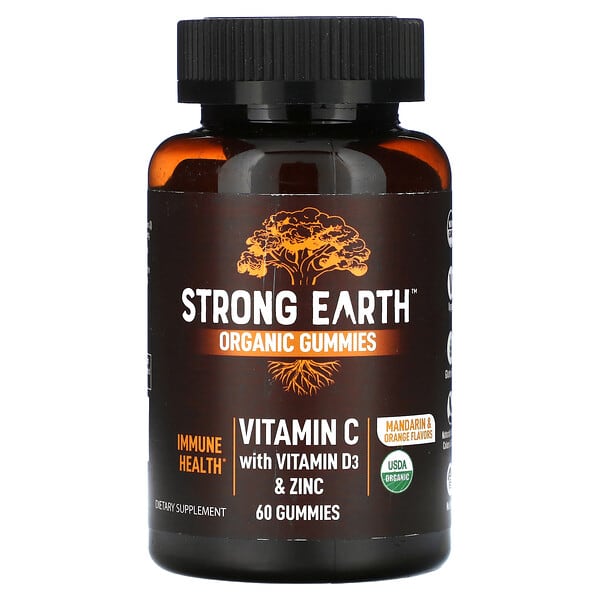 YumVs Strong Earth Organic Gummies Vitamin C with Vitamin D3 & Zinc Mandarin & Orange 60 viên nhai 810048612819