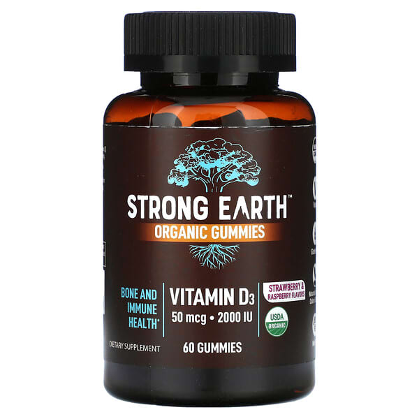YumVs Strong Earth Organic Gummies Vitamin D3 Strawberry Raspberry 2.000 IU 60 viên nhai 25 mcg 1.000 IU/viên 810048612833