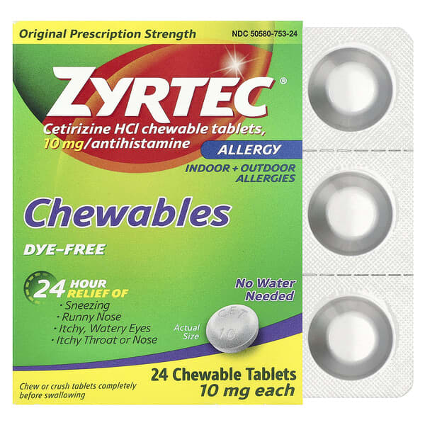 Zyrtec Allergy Cetirizine HCl Dye-Free 10 mg 24 viên nhai 10 zyrtec allergy cetirizine hcl dye free 10 mg 24 chewable tablets 121365 300450250247